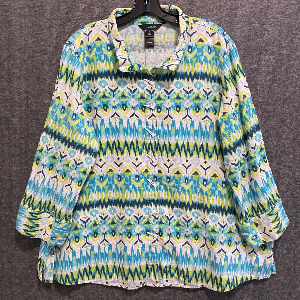 Ali Miles Linen Blend Top Womens 1X Blue Button Wire Collar Boho Coastal Beach